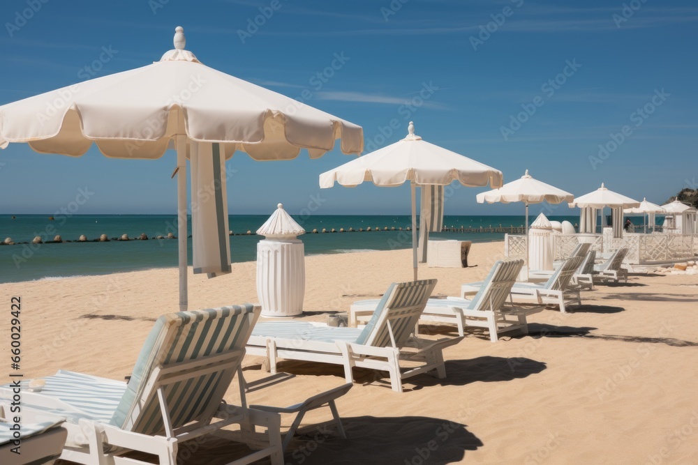 white umbrellas and empty loungers on sandy beach. white umbrellas and empty loungers on sandy beach.