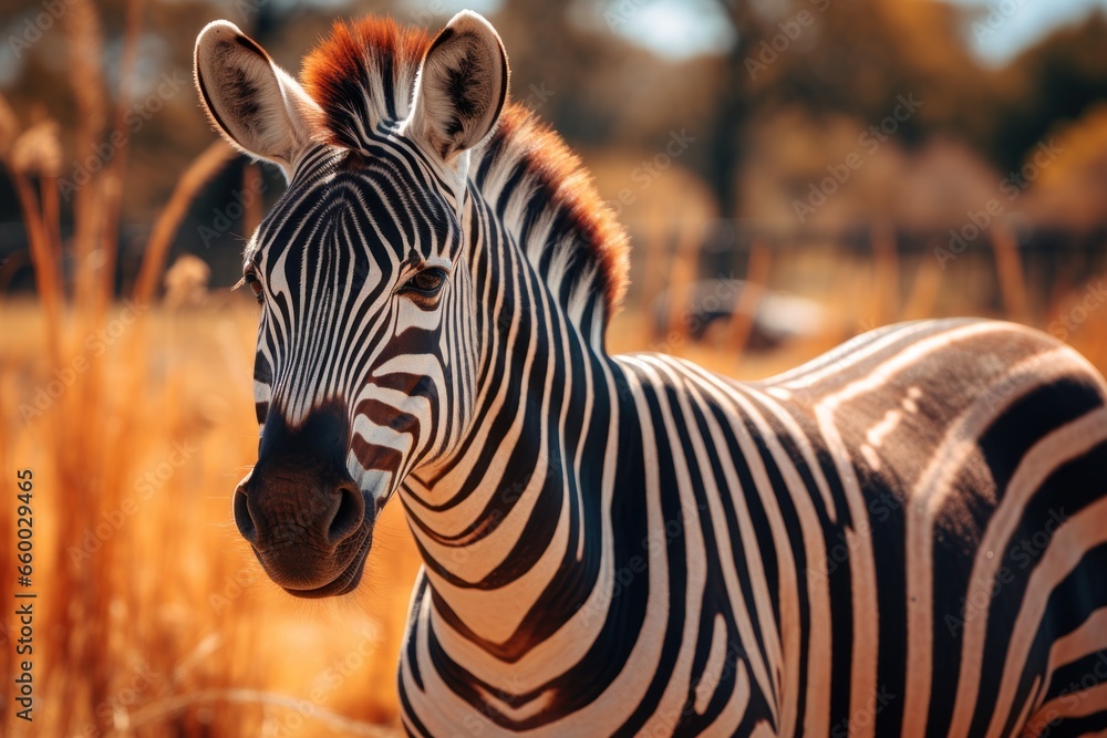 Naklejka premium zebra standing on brown grass field