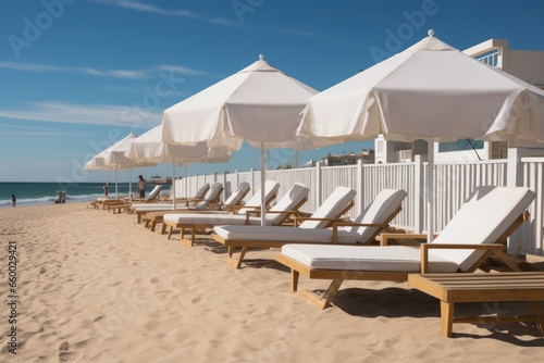 white umbrellas and empty loungers on sandy beach.