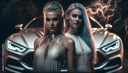 Two girls posing with futuristic Maserati car magazine cover cinematic ambient lighting cinematic key lighting photorealistic high detailed photo hyperrealistic 8K  photo