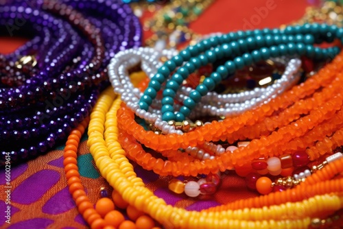 pile of colorful beaded necklaces on an orange surface