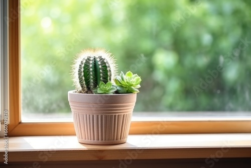 cactus plant on a wooden window sill