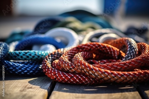 selective focus on fishing ropes coiled on a dock