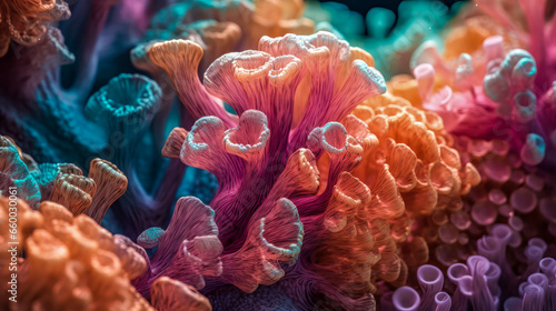 colorful high detailed macro image of sea corals, vivid multicolor textured wallpaper background of sea life corals reef © everigenia