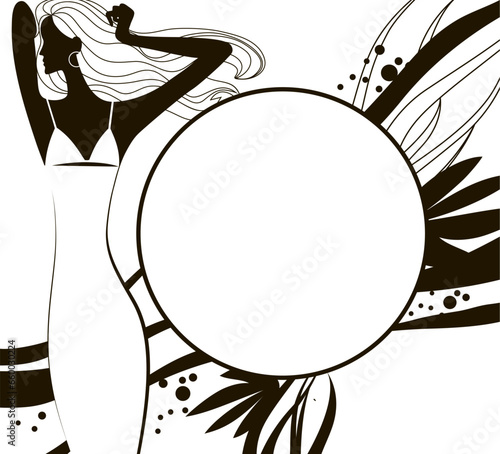 Black silhouette of a young slim girl i on a decorative background. Fashion, perfumery and cosmetics page template. Vector illustration