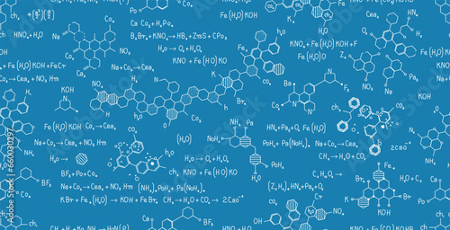 Seamless scientific chemistry formulas on blue chalkboard.