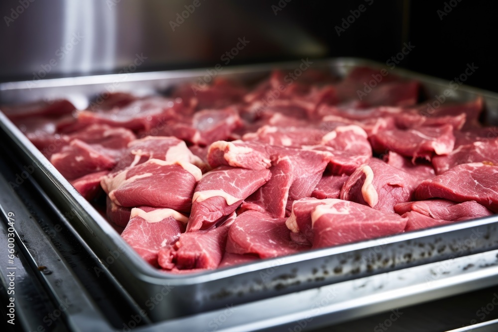 raw meat on a stainless steel tray in a freezer