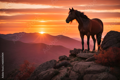 A beautiful horse in top of mountain with morning sunset.