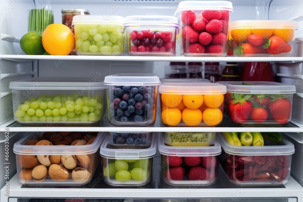 a clean refrigerator filled with organized bins of fruits