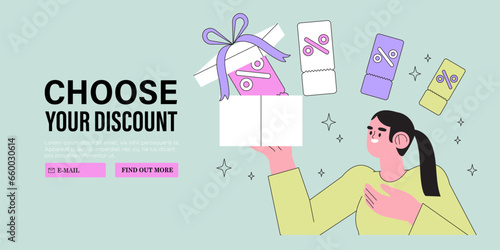 Special offer or big seasonal sale, discounts concept for banner, flyer, web or landing page. Woman shop online and receive personal discount coupon. Character hold gift box with surprise from store.