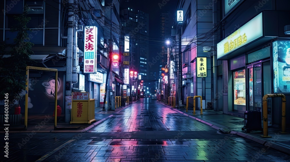 Asian japanese chinese city street view by night with beautiful lights sign and neon reflecting on wet floor, reworked and enhanced ai generated mattepainting landscape - obrazy, fototapety, plakaty 