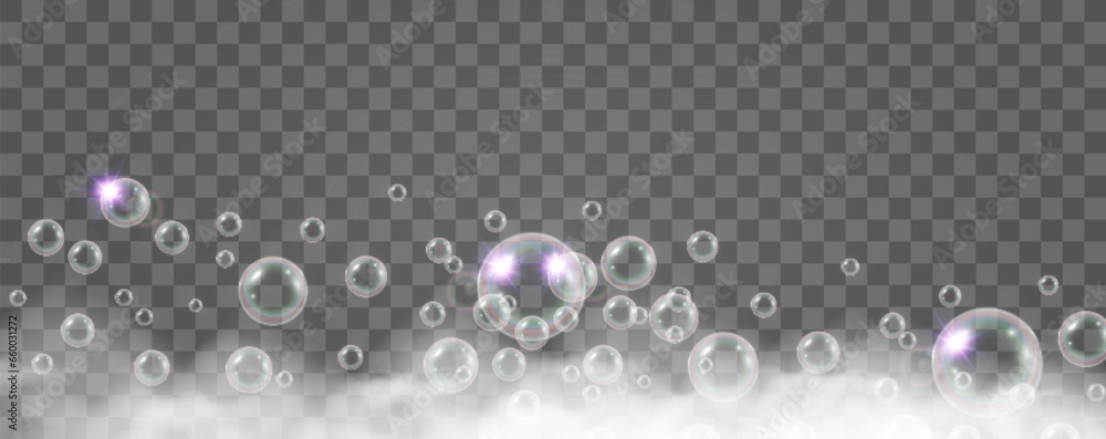 Air bubbles on a transparent background. Soap foam vector illustration.
Air bubbles on a transparent background. Soap foam vector illustration.