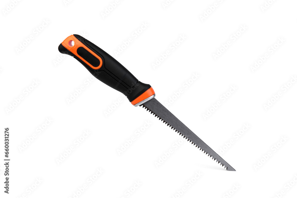 Orange hand drywall saw isolated on white background. Orange hand drywall saw isolated on white background.