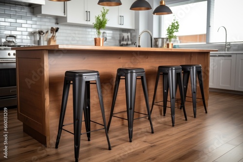 steel-framed bar stools at a kitchen island