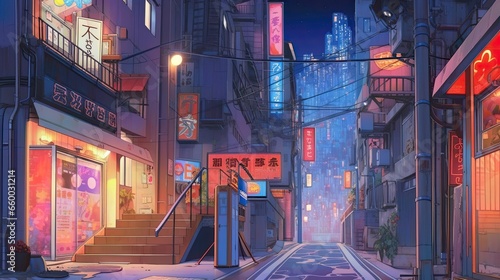 Asian japanese chinese city street view inspired by anime and manga by night with beautiful lights sign and neon reflecting on wet floor, reworked and enhanced ai generated mattepainting landscape © R3m0z