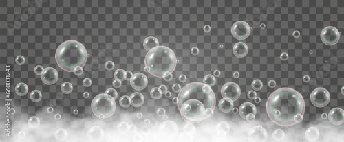 Air bubbles on a transparent background. Soap foam vector illustration.	

