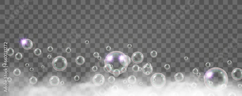Air bubbles on a transparent background. Soap foam vector illustration.	

