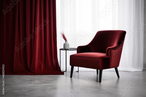 red velvet armchair in a monochrome, minimalist room