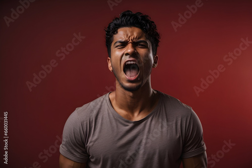 A young Brazilian man stands tall, his t-shirt clinging to his muscular frame as he screams in anger and frustration.