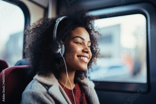 Smiling young woman listening to music while riding in a bus © Geber86