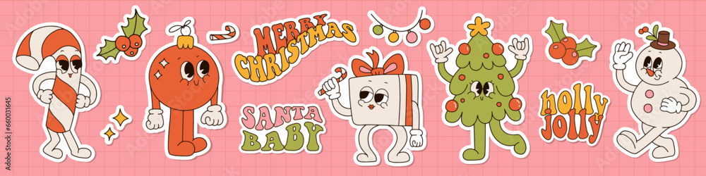 Groovy hippie Christmas retro cartoon characters stickers set. Candy cane, Christmas tree, gift box, Xmas tree and snowman in trendy 70s hippie style. Sticker pack of comic mascots with text. vector Groovy hippie Christmas retro cartoon characters stickers set. Candy cane, Christmas tree, gift box, Xmas tree and snowman in trendy 70s hippie style. Sticker pack of comic mascots with text. vector