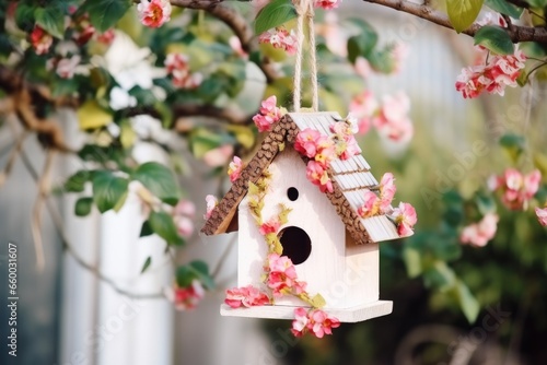 decorative birdhouse hung on a tree branch