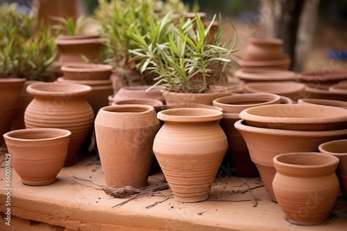 horizontal shot of various sizes of clay pots