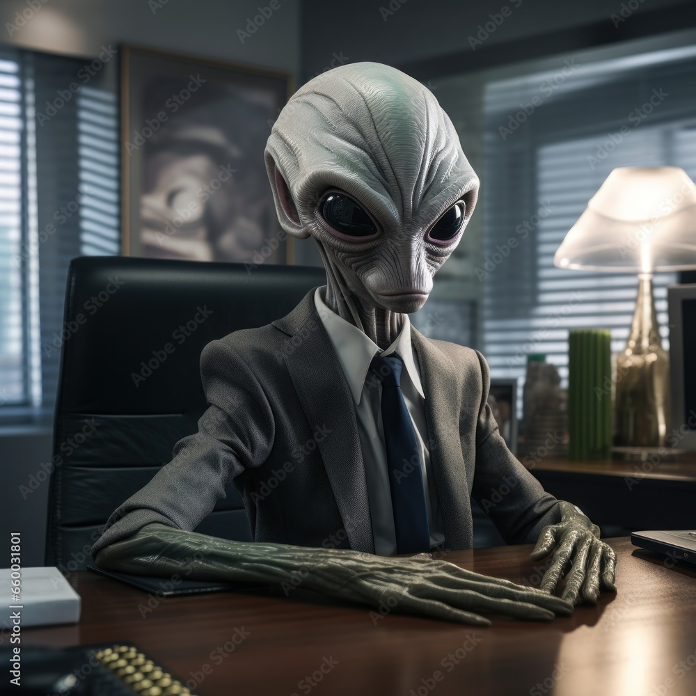 Alien staring dressed as businessman in his office in high quality Alien staring dressed as businessman in his office in high quality