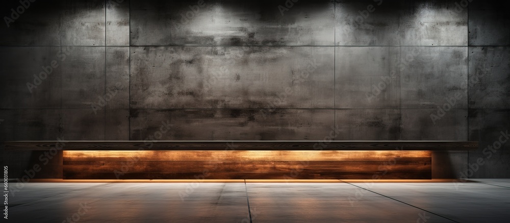 an empty dark abstract interior with smooth concrete and wood surfaces Architectural backdrop an empty dark abstract interior with smooth concrete and wood surfaces Architectural backdrop