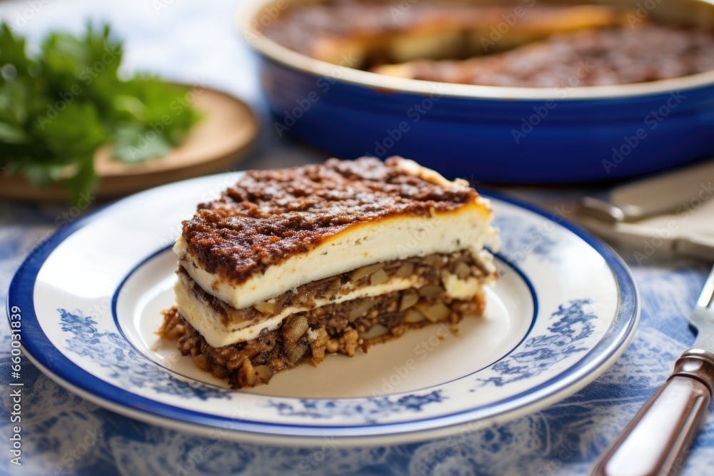 a plate of moussaka dish on a blue-and-white tablecloth a plate of moussaka dish on a blue-and-white tablecloth