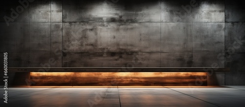 an empty dark abstract interior with smooth concrete and wood surfaces Architectural backdrop