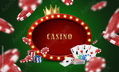 Casino background with poker chips, cards and golden crown.
