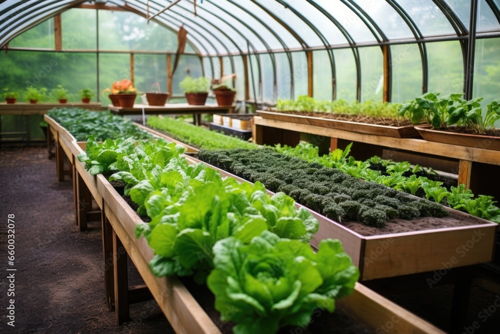 elevated vegetable beds in a greenhouse setup