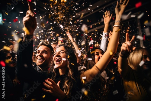 A couple celebrating the arrival of the New Year in a nightclub photo
