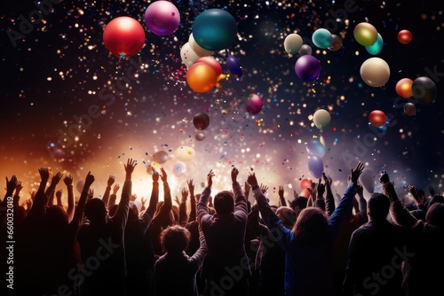 A large group of people celebrating New Year's Eve at a nightclub with balloons and confetti