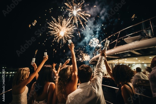 A group of people watching the fireworks from a yacht on New Year's Eve