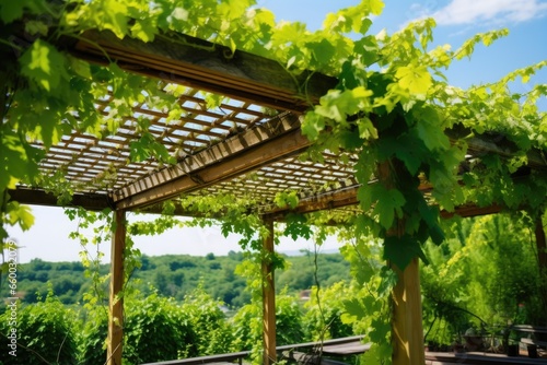 a vertical view of a wooden pergola covered with vines