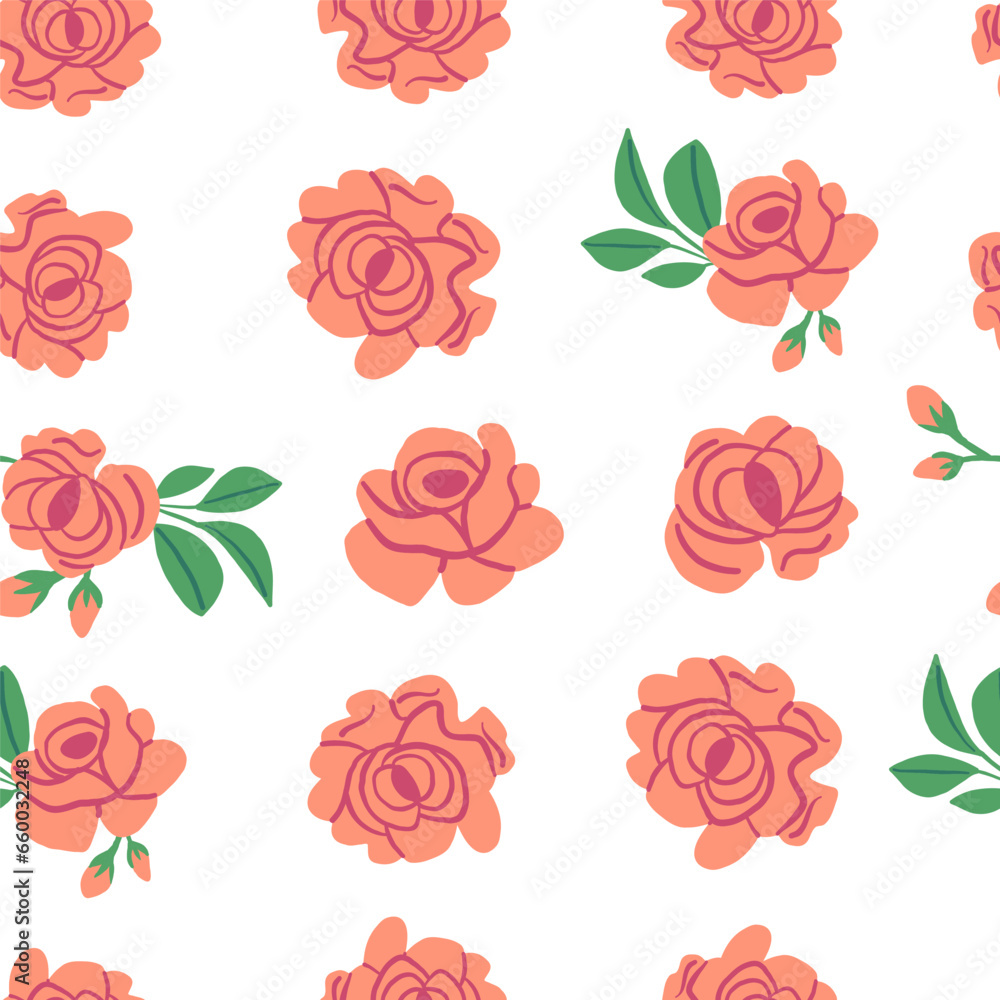 Cute vector pattern with roses on white background. Spring simple flowers pattern. Vector illustration
