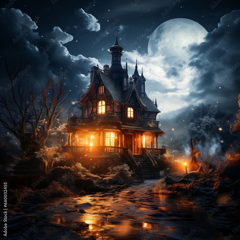 Obraz premium Ghost house at night with lightning