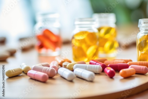 macro shot of multivitamins and mineral supplements on a table photo