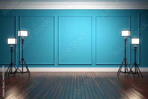 Espace vide pour décor ou shooting photo, lumière, pièce épurée et belle décoration, mur bleu et beau studio avec lumière sur les coté