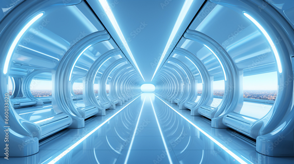 Empty Long Light Corridor. Modern white background. Futuristic Sci-Fi Triangle Tunnel. 3D Rendering Empty Long Light Corridor. Modern white background. Futuristic Sci-Fi Triangle Tunnel. 3D Rendering