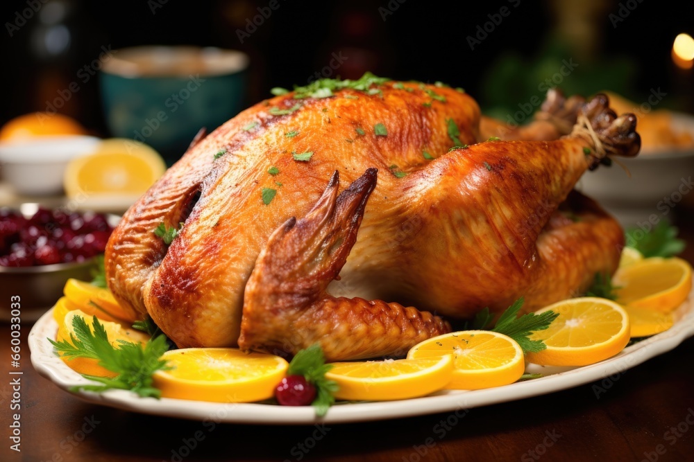 thanksgiving turkey garnished with cranberries, oranges, and parsley thanksgiving turkey garnished with cranberries, oranges, and parsley