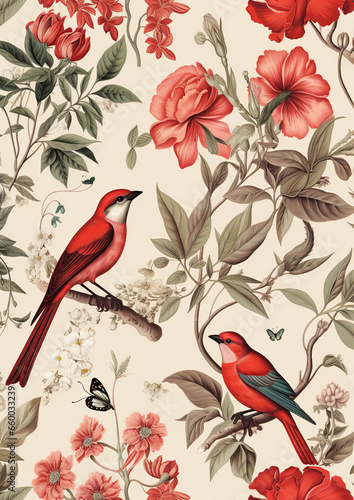 Vintage Illustration of a Scarlet Tanager Amidst Floral Blooms,pattern with birds,background with birds,birds on a branch © Moon