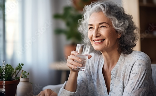 Wellness, home or healthy old woman drinking water for healthcare or natural vitamins in a house. Retirement, elderly relaxing or thirsty senior person refreshing with liquid for energy or hydration photo