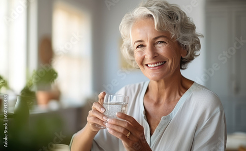 Wellness, home or healthy old woman drinking water for healthcare or natural vitamins in a house. Retirement, elderly relaxing or thirsty senior person refreshing with liquid for energy or hydration photo