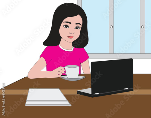 Beautiful young girl work from home concept. Vector Illustration