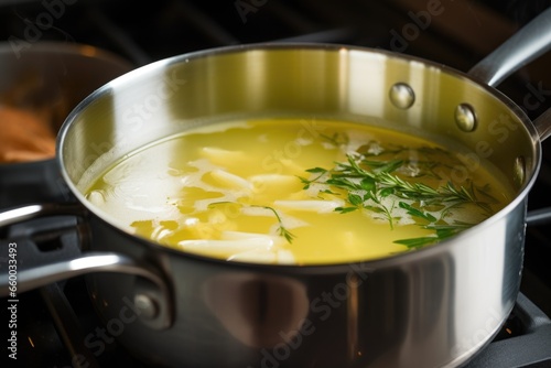 preparing en soup in a metal pot
