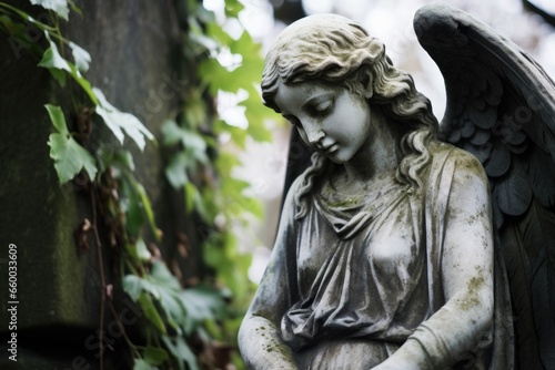 a stone statue of an angel in a graveyard