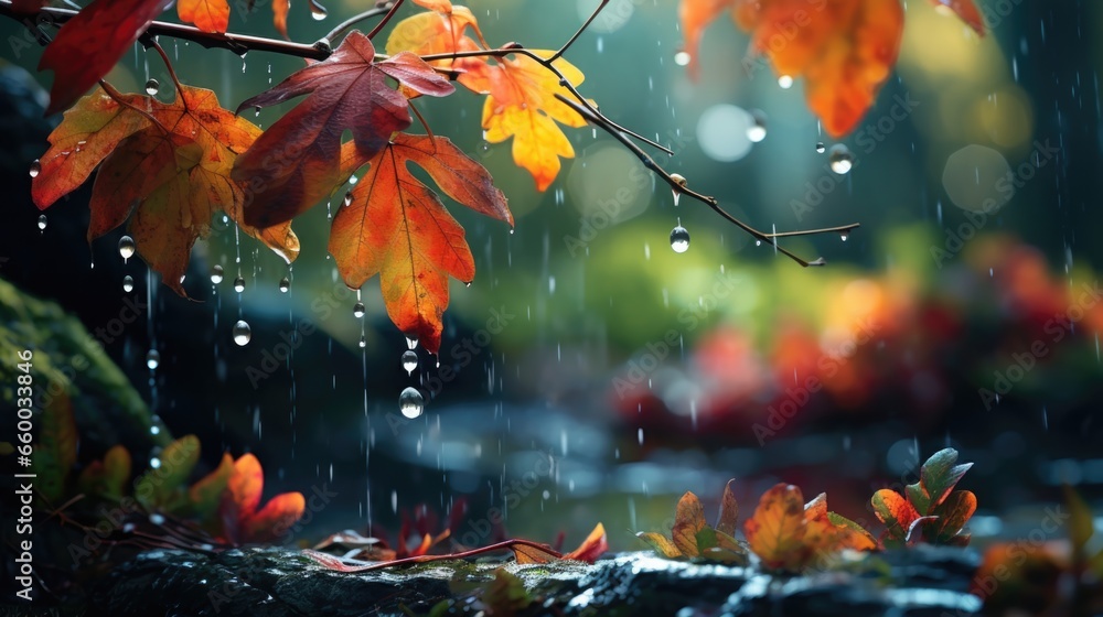 Beauty of autumn rain, with raindrops on colorful leaves.